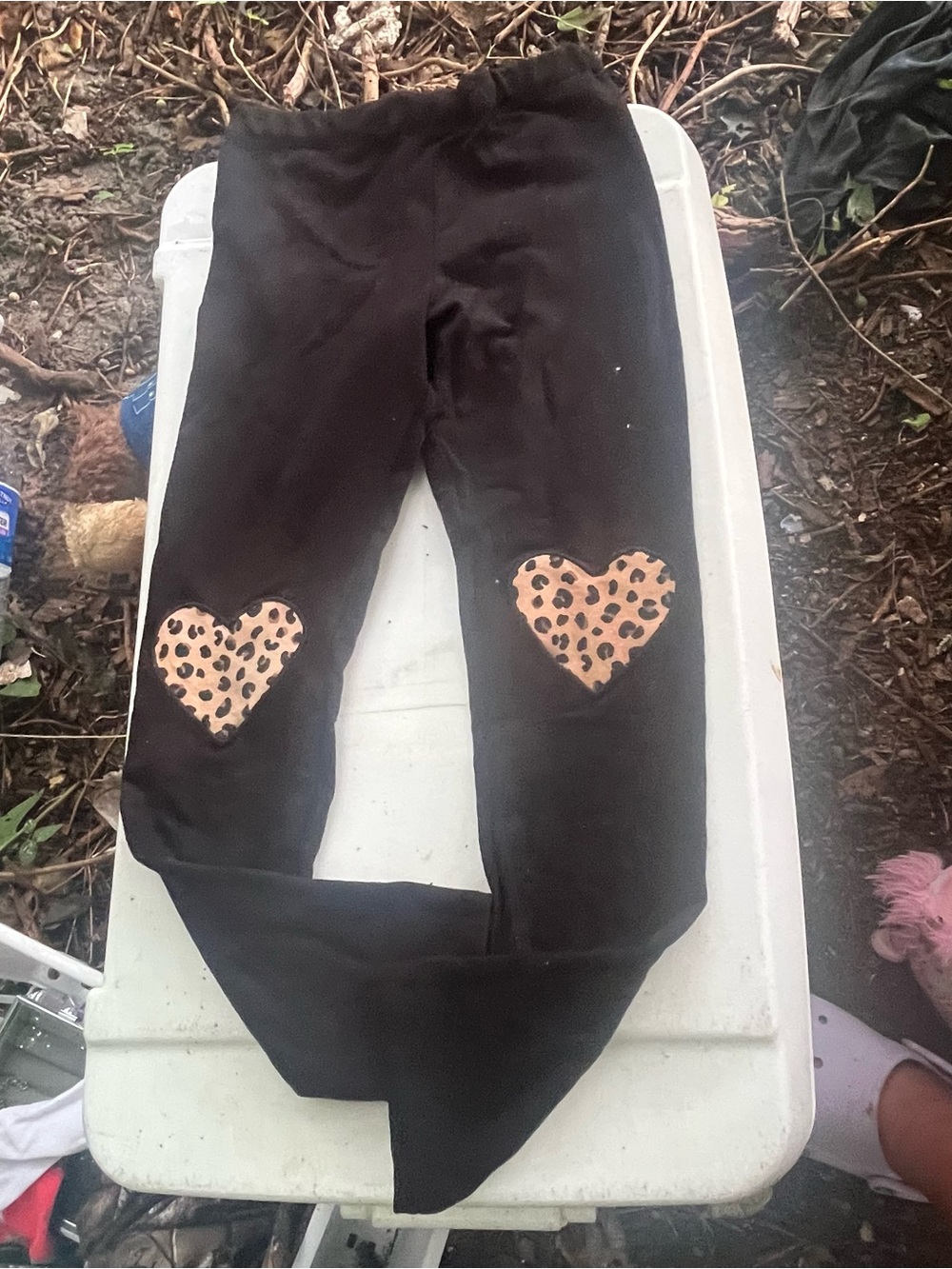 H&M Black Leggings with Leopard Heart Knee Patches